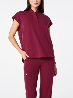 Figs scrub set Rafaela top and Zamora jogger bottoms deep cranberry